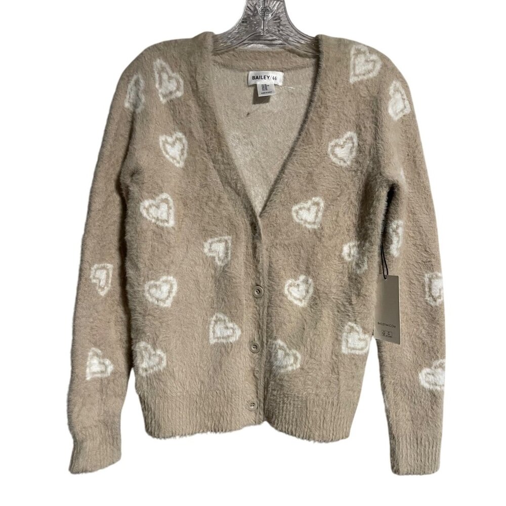 Bailey 44 Cardigan Sweater Womens XS Beige Heart Pattern Button-Down Cozy